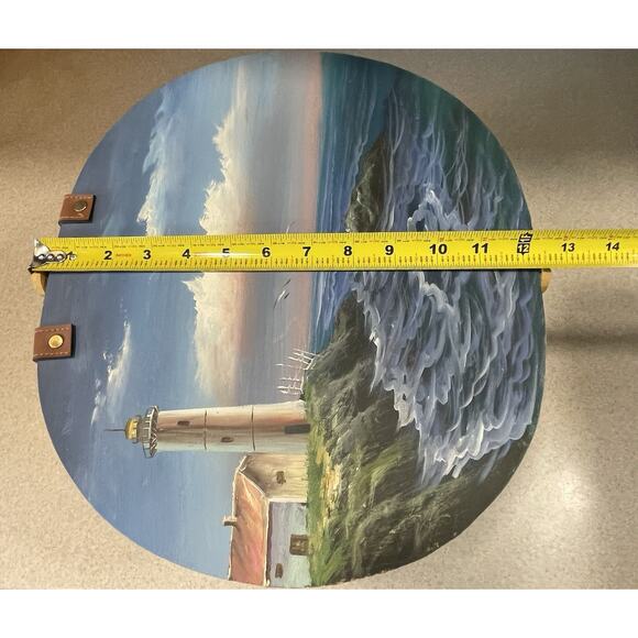 Wooden Woven Wicker Picnic Basket With Beautiful Hand Painted Sea Scape - Picture 12 of 12